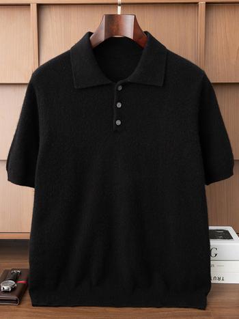 Pánsky kašmírový sveter s pólovým golierom a krátkymi rukávmi, pletený, bez vzoru, kašmír 30–35%, vlnený zmes 60–70%, voľný strih, jeseň