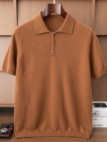 Pánsky kašmírový sveter s pólovým golierom a krátkymi rukávmi, pletený, bez vzoru, kašmír 30–35%, vlnený zmes 60–70%, voľný strih, jeseň