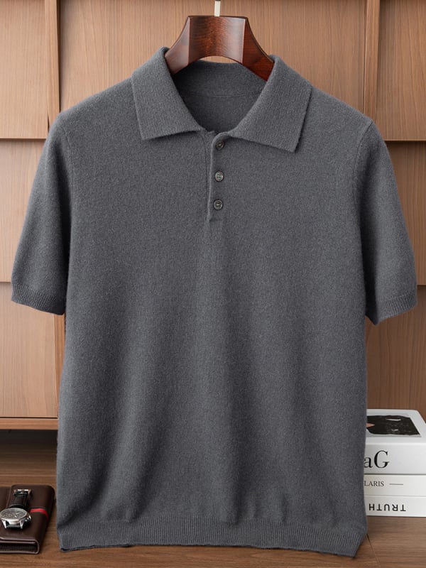 Pánsky kašmírový sveter s pólovým golierom a krátkymi rukávmi, pletený, bez vzoru, kašmír 30–35%, vlnený zmes 60–70%, voľný strih, jeseň