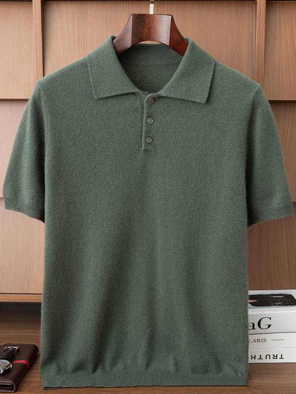 Pánsky kašmírový sveter s pólovým golierom a krátkymi rukávmi, pletený, bez vzoru, kašmír 30–35%, vlnený zmes 60–70%, voľný strih, jeseň