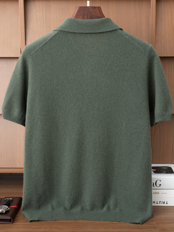 Pánsky kašmírový sveter s pólovým golierom a krátkymi rukávmi, pletený, bez vzoru, kašmír 30–35%, vlnený zmes 60–70%, voľný strih, jeseň