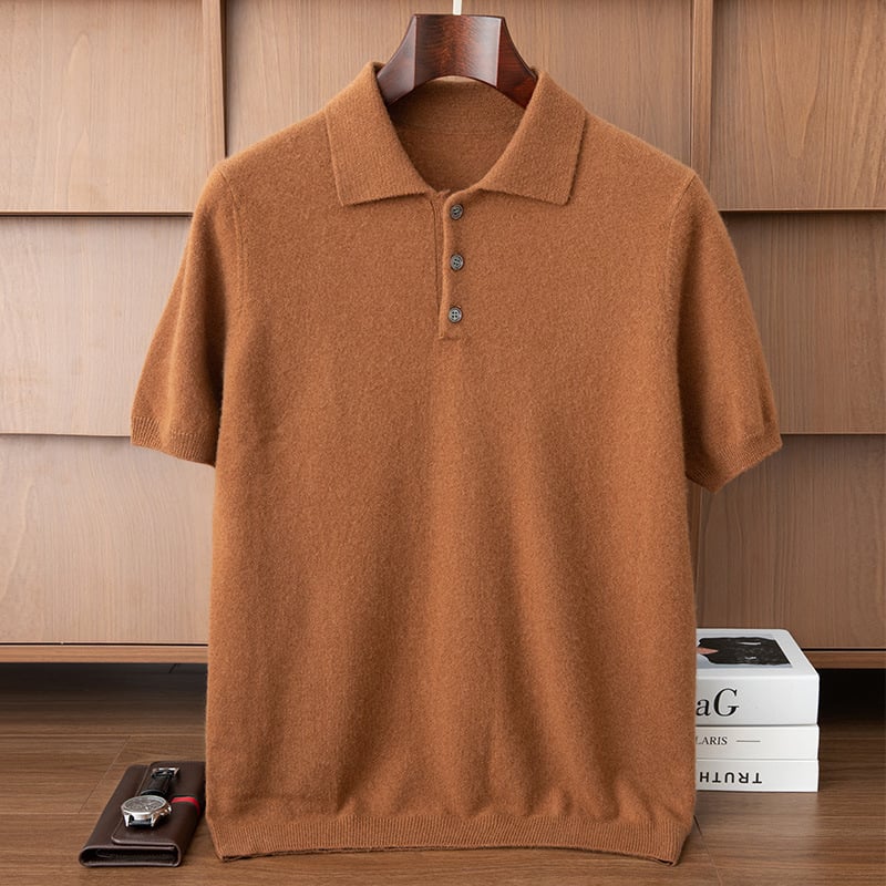 Pánsky kašmírový sveter s pólovým golierom a krátkymi rukávmi, pletený, bez vzoru, kašmír 30–35%, vlnený zmes 60–70%, voľný strih, jeseň