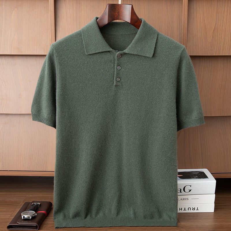 Pánsky kašmírový sveter s pólovým golierom a krátkymi rukávmi, pletený, bez vzoru, kašmír 30–35%, vlnený zmes 60–70%, voľný strih, jeseň