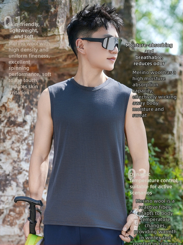 Мерино вълна бързосъхнещ жилет за мъже – безръкав спортен топ за бягане и открити спортове, дишащ