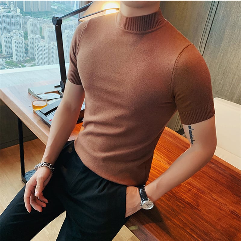 Pánske pletené tričko s vysokým golierom, krátke rukávy, úzky strih, combed bavlna, vlhkosť odvádzajúci materiál