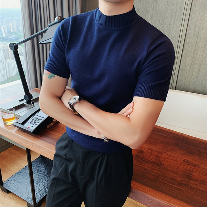Pánske pletené tričko s vysokým golierom, krátke rukávy, úzky strih, combed bavlna, vlhkosť odvádzajúci materiál