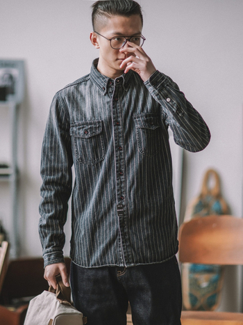 Cămașă din denim cu dungi, guler rever, mâneci lungi, croială lejeră, 91–95% bumbac