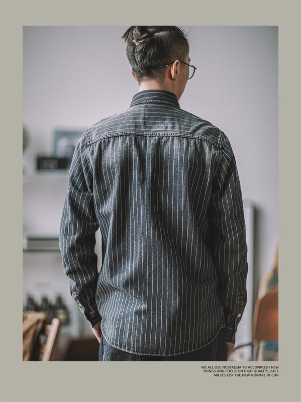 Cămașă din denim cu dungi, guler rever, mâneci lungi, croială lejeră, 91–95% bumbac