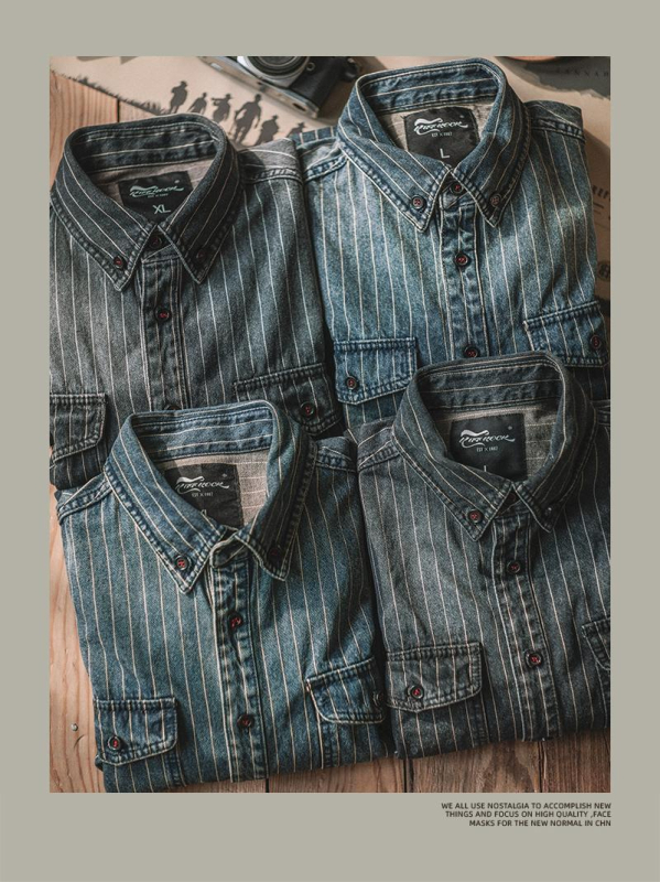 Cămașă din denim cu dungi, guler rever, mâneci lungi, croială lejeră, 91–95% bumbac