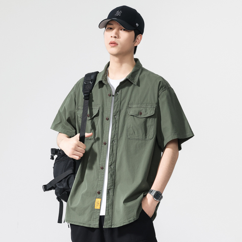 Muška kratka rukava radna košulja u američkom stilu, pamuk-mješavina (95% pamuk, 5% elastan), prozračna i elastična, jednobojna tankog ljeta, s džepom, prilagođeni kroj — 833