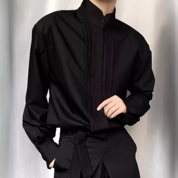 Pánska košele–kabát s plisovanými ramenami, priedušná zmes polyesteru, voľný strih, dlhé rukávy, jednofarebná