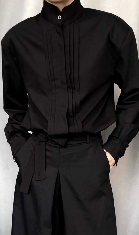 Pánska košele–kabát s plisovanými ramenami, priedušná zmes polyesteru, voľný strih, dlhé rukávy, jednofarebná