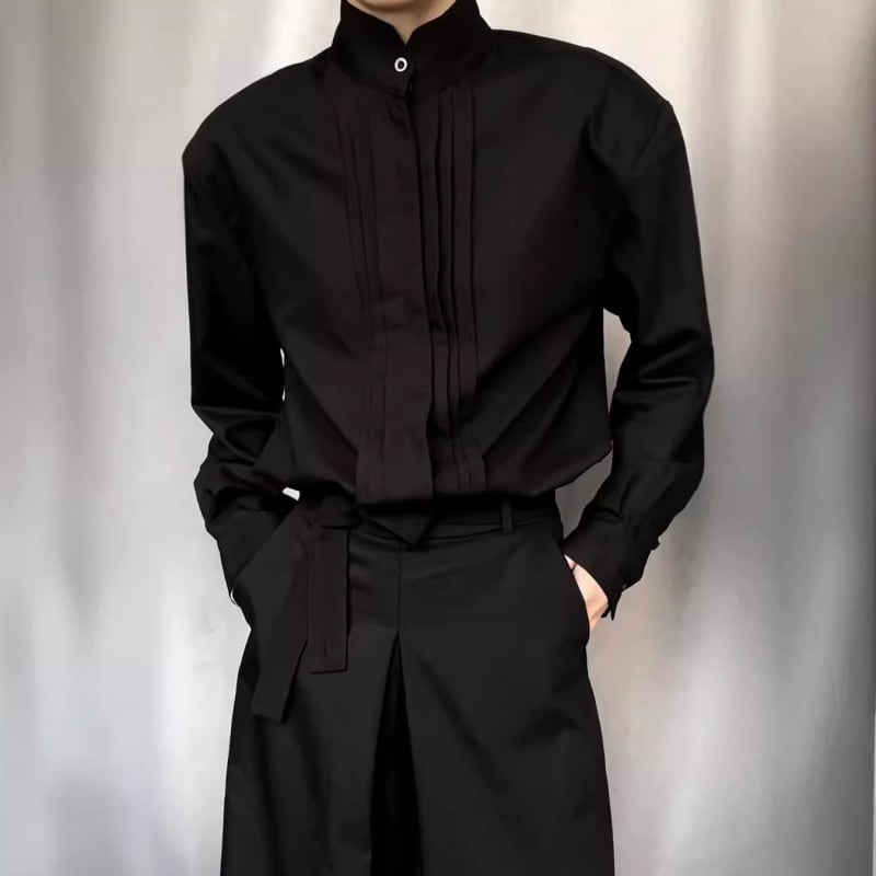 Pánska košele–kabát s plisovanými ramenami, priedušná zmes polyesteru, voľný strih, dlhé rukávy, jednofarebná