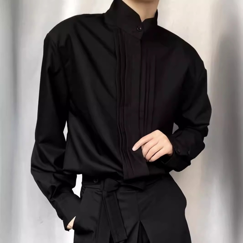 Pánska košele–kabát s plisovanými ramenami, priedušná zmes polyesteru, voľný strih, dlhé rukávy, jednofarebná