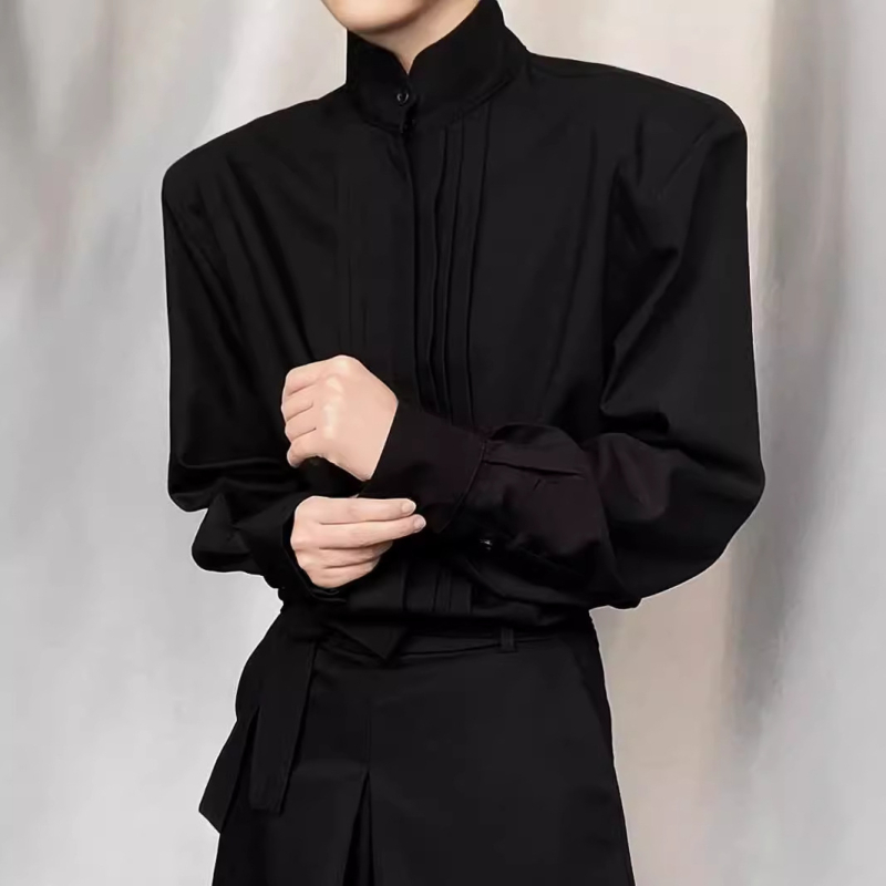 Pánska košele–kabát s plisovanými ramenami, priedušná zmes polyesteru, voľný strih, dlhé rukávy, jednofarebná