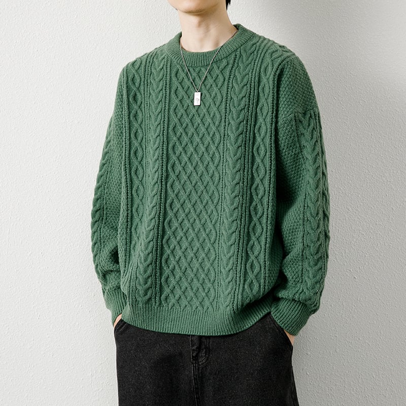 Muški twist-pleteni džemper s okruglim izrezom, slobodan kroj, dugi rukavi, debela jacquard pletenina