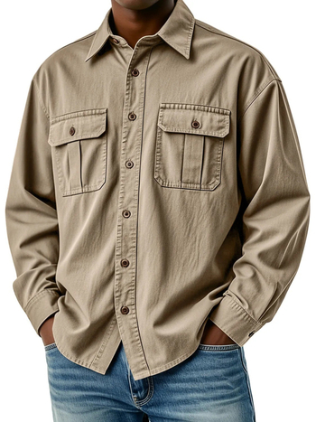 Cămașă de lucru pentru bărbați cu buzunare multiple, mâneci lungi, guler turn-down, croială lejeră, poliester respirabil