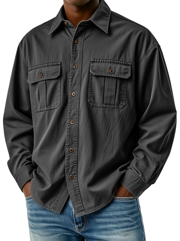 Cămașă de lucru pentru bărbați cu buzunare multiple, mâneci lungi, guler turn-down, croială lejeră, poliester respirabil