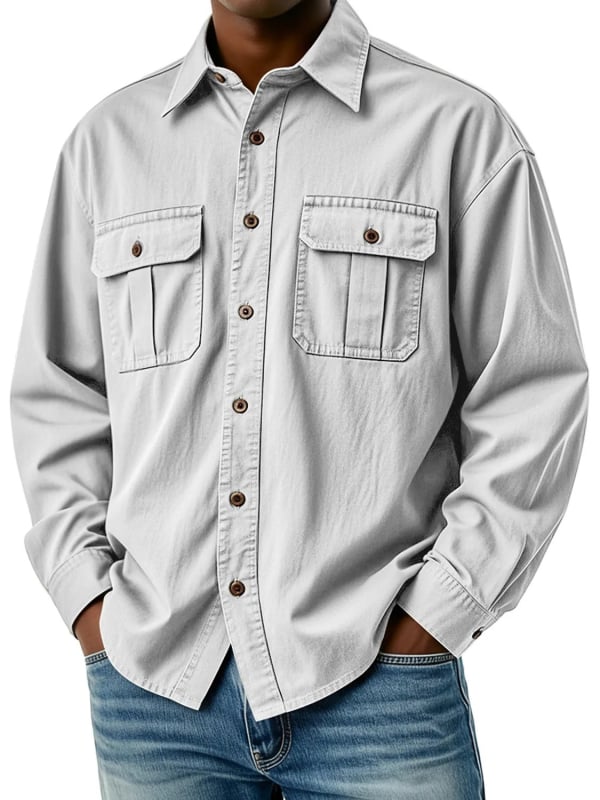 Cămașă de lucru pentru bărbați cu buzunare multiple, mâneci lungi, guler turn-down, croială lejeră, poliester respirabil