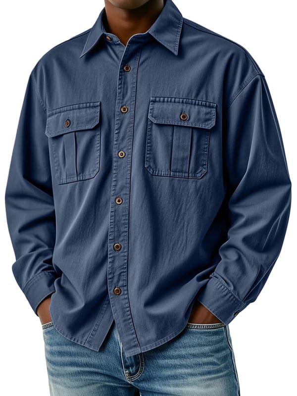Cămașă de lucru pentru bărbați cu buzunare multiple, mâneci lungi, guler turn-down, croială lejeră, poliester respirabil