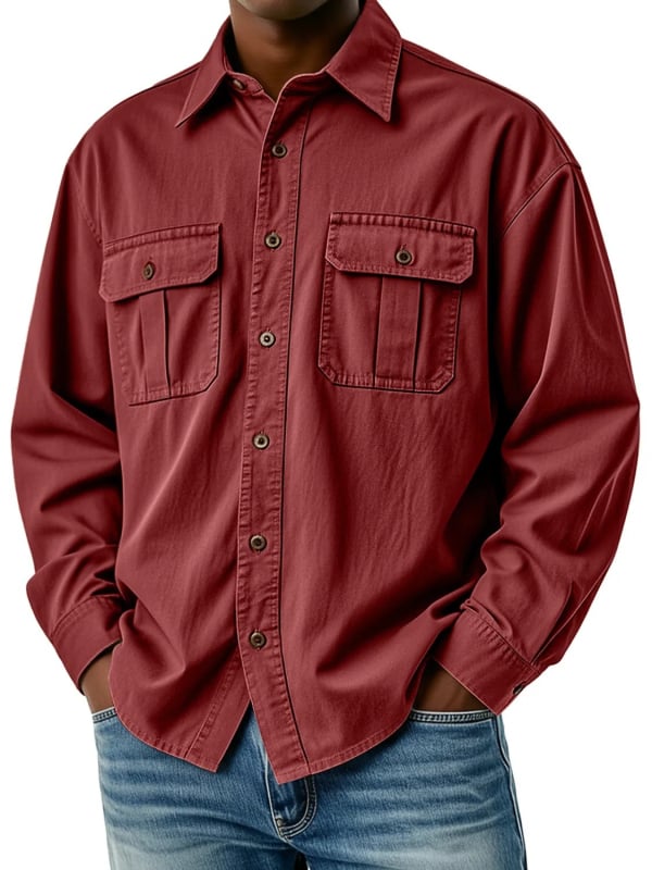 Cămașă de lucru pentru bărbați cu buzunare multiple, mâneci lungi, guler turn-down, croială lejeră, poliester respirabil