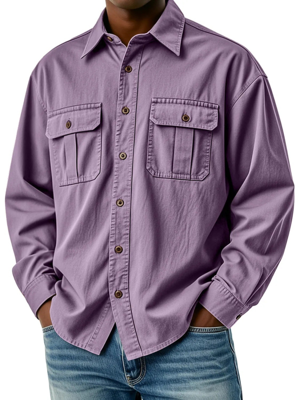 Cămașă de lucru pentru bărbați cu buzunare multiple, mâneci lungi, guler turn-down, croială lejeră, poliester respirabil