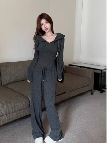 Set casual din două piese pentru femei, cardigan cu fermoar și glugă, mâneci lungi, primăvara 2025.