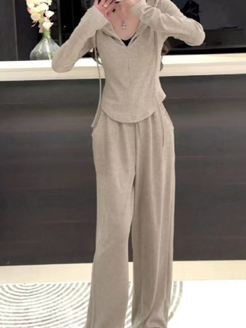 Set casual din două piese pentru femei, cardigan cu fermoar și glugă, mâneci lungi, primăvara 2025.