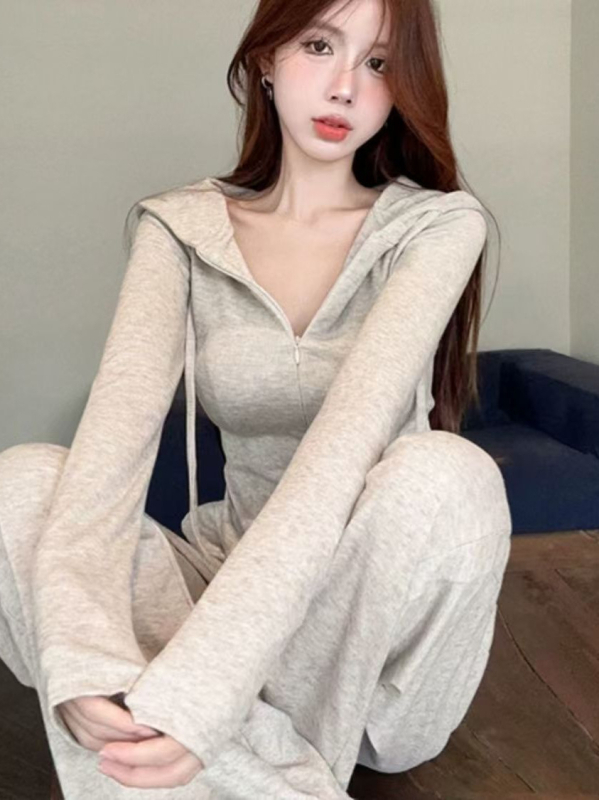 Set casual din două piese pentru femei, cardigan cu fermoar și glugă, mâneci lungi, primăvara 2025.