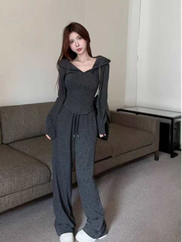 Set casual din două piese pentru femei, cardigan cu fermoar și glugă, mâneci lungi, primăvara 2025.