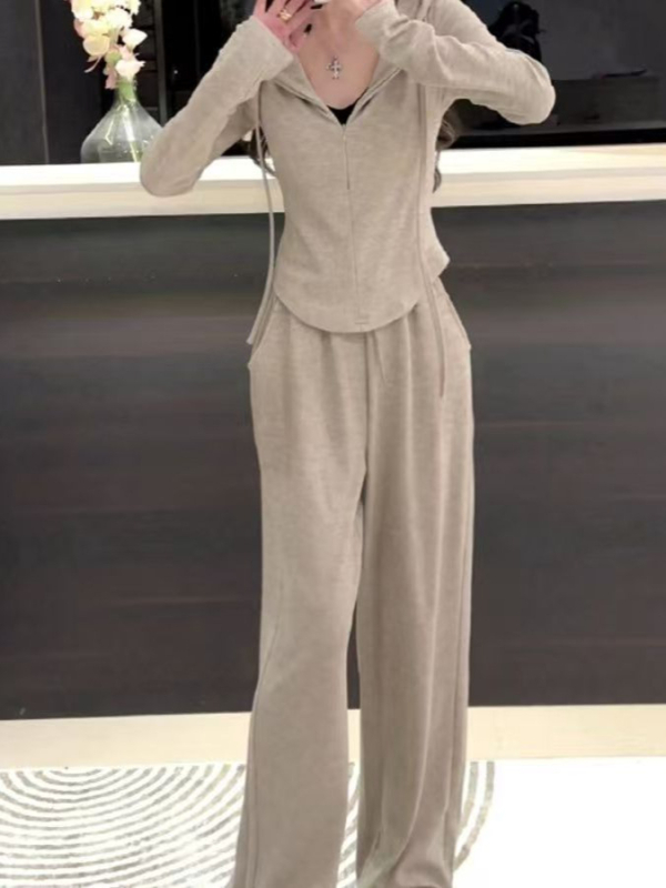 Set casual din două piese pentru femei, cardigan cu fermoar și glugă, mâneci lungi, primăvara 2025.