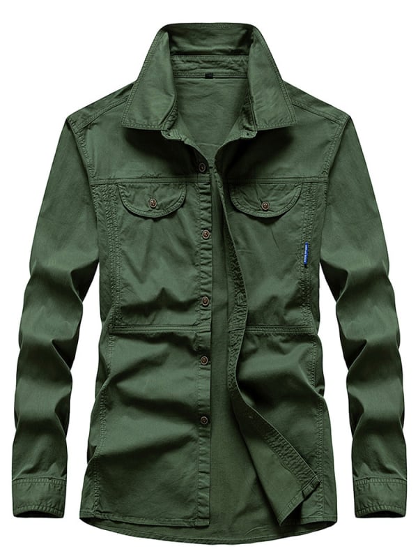 Εργατικό πουκάμισο με ελαστικό σχεδιασμό πολλαπλών τσεπών, χαλαρή εφαρμογή, γιακά τύπου λαπέλ, μακριά μανίκια, βαμβακερό ύφασμα