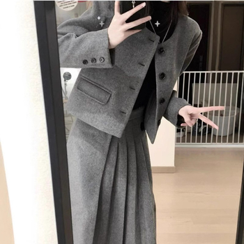 Dvodijelni vuneni kostim s plisiranom midi suknjom, dugi rukavi, korejski stil