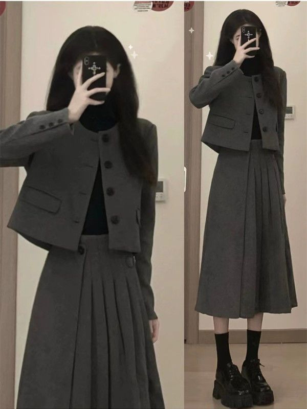 Dvodijelni vuneni kostim s plisiranom midi suknjom, dugi rukavi, korejski stil