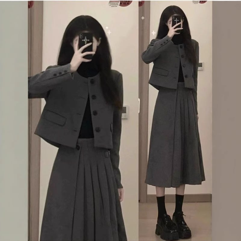 Dvodijelni vuneni kostim s plisiranom midi suknjom, dugi rukavi, korejski stil