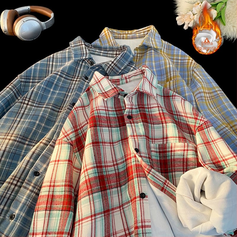 Πουκάμισο-τζάκετ σε ιαπωνικό στυλ ρετρό καρό με επένδυση φλίς, φαρδιά γραμμή, μακριά μανίκια, χειμώνας 2025