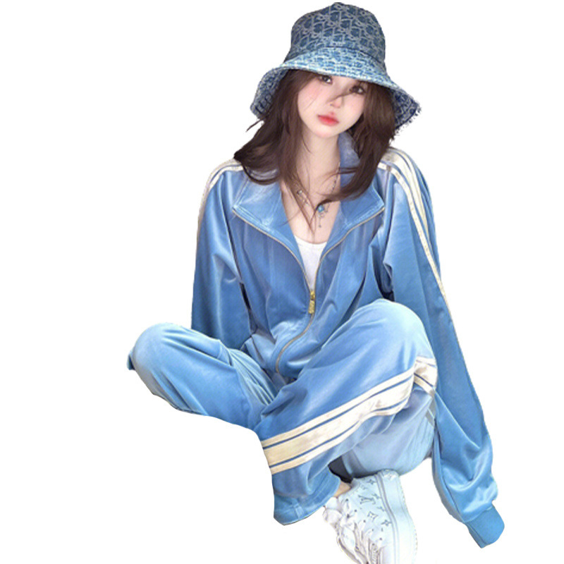 Shanli Dadi ženski sportski komplet od zlatnog velura za proljeće i jesen, retro casual hoodie s kapuljačom i zatvaračem