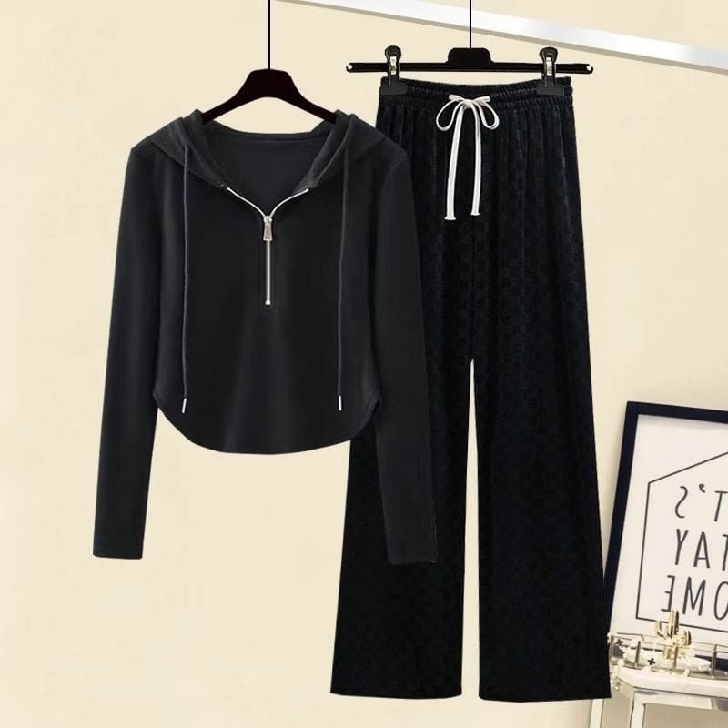 Dopamine dvodijelni set: kardigan s kapuljačom i dugačkim rukavima + udobne široke hlače, elegantan ženski stil, PVC tkanina, tisak i bojanje, proljeće 2025
