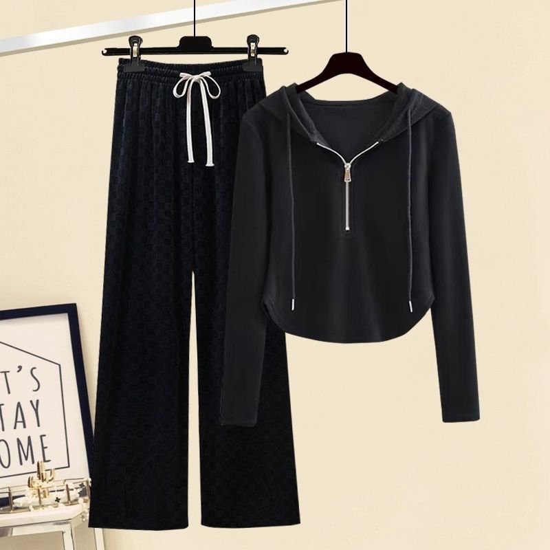 Dopamine dvodijelni set: kardigan s kapuljačom i dugačkim rukavima + udobne široke hlače, elegantan ženski stil, PVC tkanina, tisak i bojanje, proljeće 2025