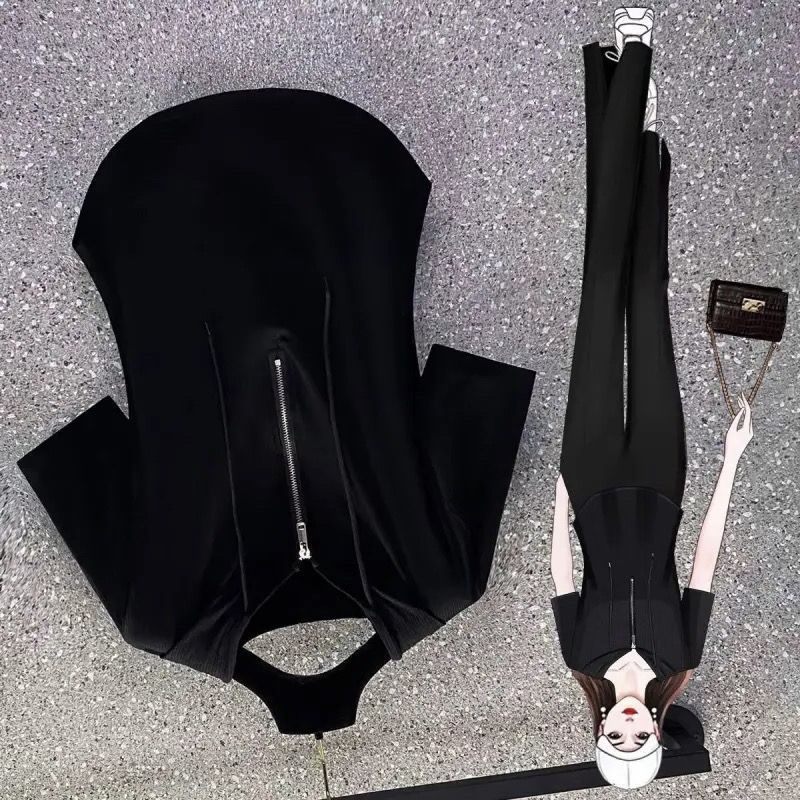 Dopamine dvodijelni set: kardigan s kapuljačom i dugačkim rukavima + udobne široke hlače, elegantan ženski stil, PVC tkanina, tisak i bojanje, proljeće 2025