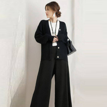 Dvojdielny set: V-krku cardigan svetr s elastickou zadnou páskou v páse a širokými nohami, dlhé rukávy, kašmír, jeseň 2023