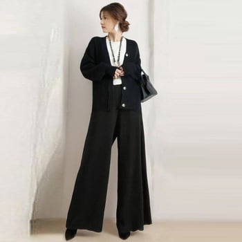 Dvojdielny set: V-krku cardigan svetr s elastickou zadnou páskou v páse a širokými nohami, dlhé rukávy, kašmír, jeseň 2023