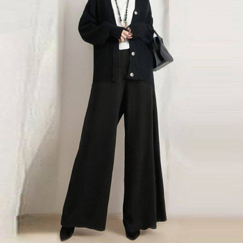 Dvojdielny set: V-krku cardigan svetr s elastickou zadnou páskou v páse a širokými nohami, dlhé rukávy, kašmír, jeseň 2023