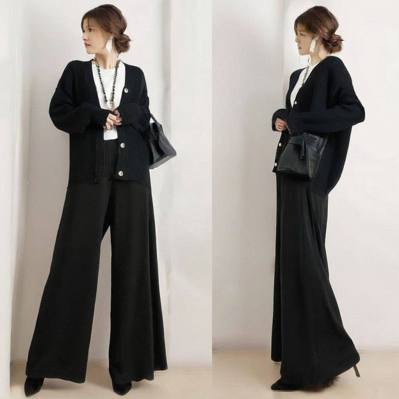 Dvojdielny set: V-krku cardigan svetr s elastickou zadnou páskou v páse a širokými nohami, dlhé rukávy, kašmír, jeseň 2023