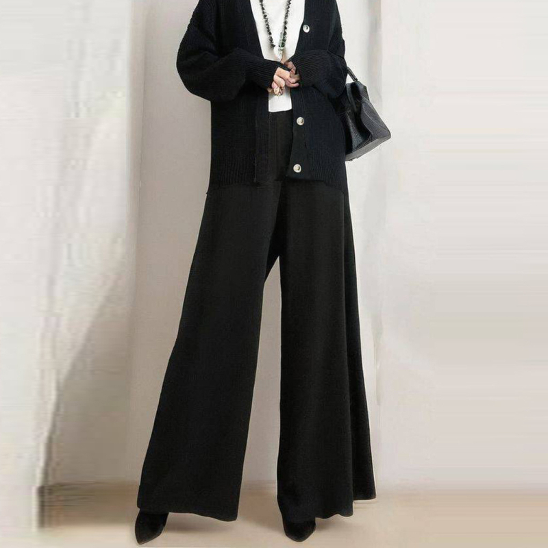 Dvojdielny set: V-krku cardigan svetr s elastickou zadnou páskou v páse a širokými nohami, dlhé rukávy, kašmír, jeseň 2023