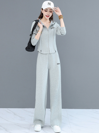 Jeseň 2024 Dvojdielny Casual nohavicový kostým, top s kapucňou a dlhými rukávmi, textový vzor, polyesterovo-bavlnená zmes