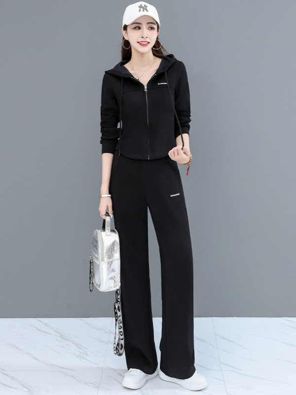 Jeseň 2024 Dvojdielny Casual nohavicový kostým, top s kapucňou a dlhými rukávmi, textový vzor, polyesterovo-bavlnená zmes