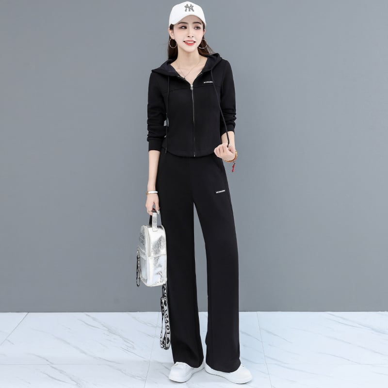 Jeseň 2024 Dvojdielny Casual nohavicový kostým, top s kapucňou a dlhými rukávmi, textový vzor, polyesterovo-bavlnená zmes