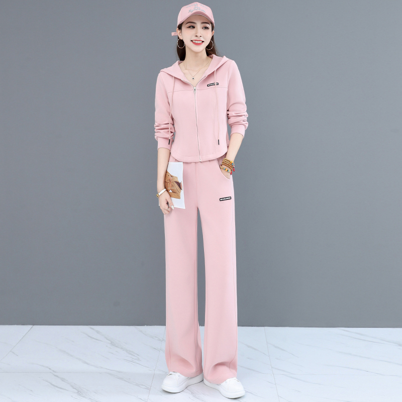 Jeseň 2024 Dvojdielny Casual nohavicový kostým, top s kapucňou a dlhými rukávmi, textový vzor, polyesterovo-bavlnená zmes