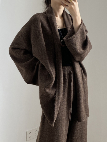 Комплект плетена жилетка и панталони с широки крачоли, пачуърк, висока талия, есен-зима, акрил-полиестер смес